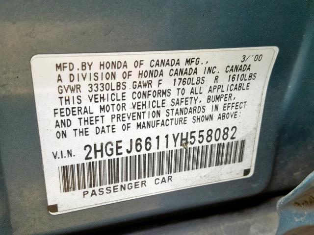 2HGEJ6611YH558082 - 2000 HONDA CIVIC BASE TEAL photo 10