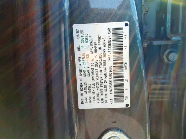 1HGCP36818A009496 - 2008 HONDA ACCORD EXL GRAY photo 10