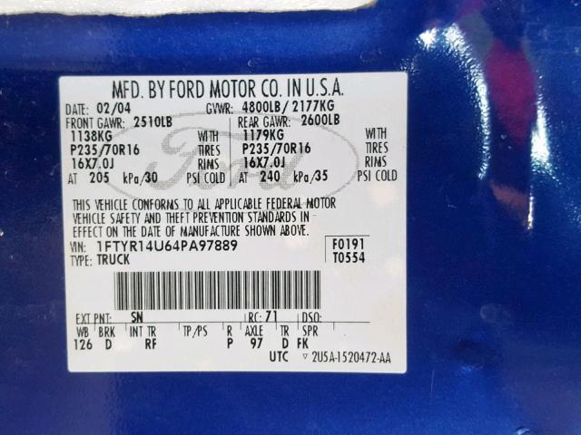 1FTYR14U64PA97889 - 2004 FORD RANGER SUP BLUE photo 10