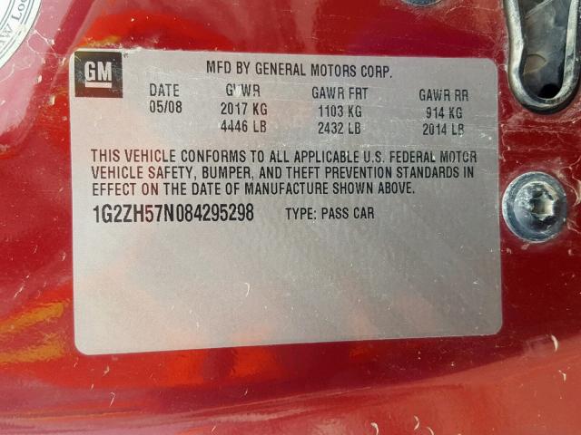 1G2ZH57N084295298 - 2008 PONTIAC G6 GT RED photo 10