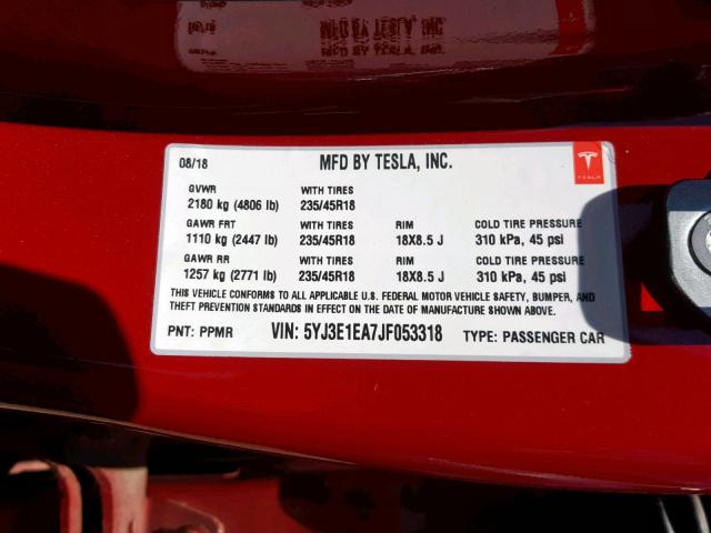 5YJ3E1EA7JF053318 - 2018 TESLA MODEL 3 RED photo 10