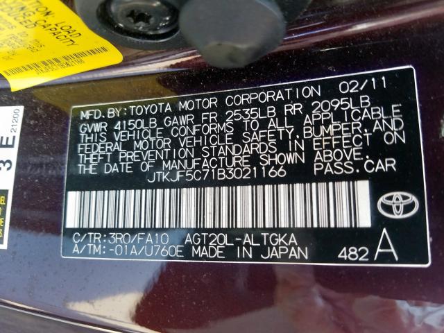 JTKJF5C71B3021166 - 2011 TOYOTA SCION TC  ფოტო 10