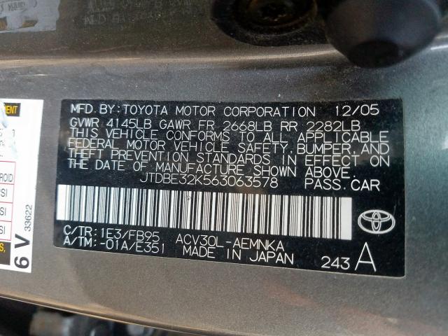 JTDBE32K563063578 - 2006 TOYOTA CAMRY LE  photo 10