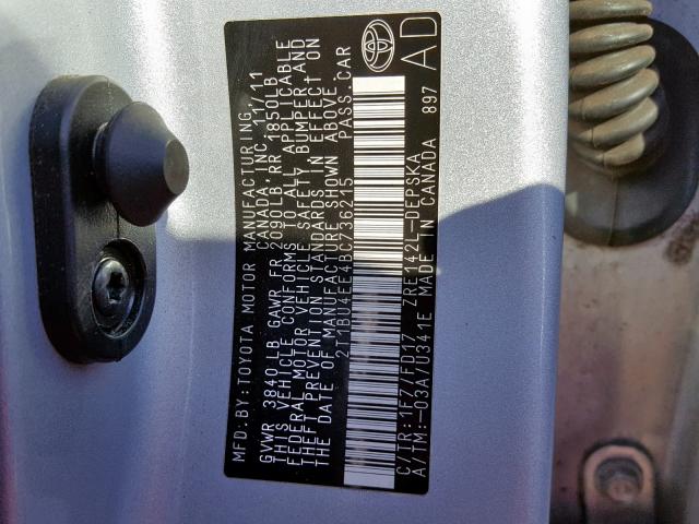 2T1BU4EE4BC736215 - 2011 TOYOTA COROLLA BA SILVER photo 10