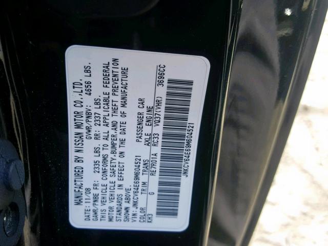 JNKCV64E69M604521 - 2009 INFINITI G37 BASE BLACK photo 10