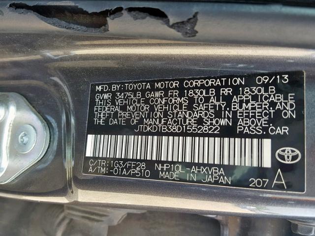 JTDKDTB38D1552822 - 2013 TOYOTA PRIUS C GRAY photo 10