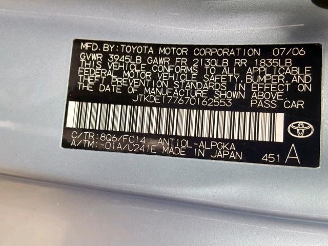 JTKDE177670162553 - 2007 SCION TC BLUE photo 10