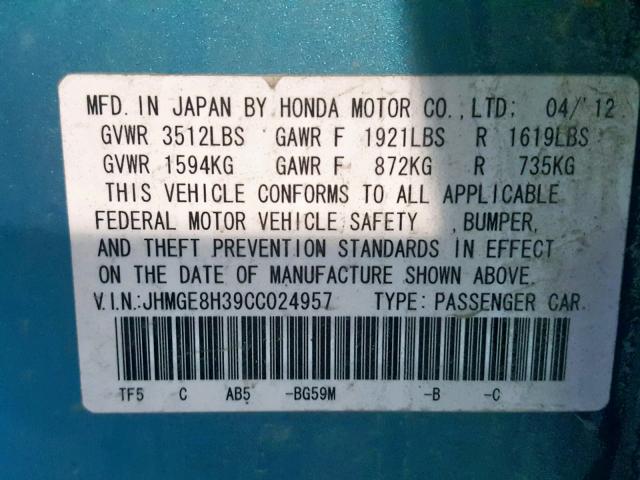 JHMGE8H39CC024957 - 2012 HONDA FIT BLUE photo 10