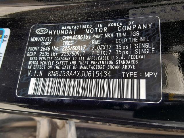 KM8J33A4XJU615434 - 2018 HYUNDAI TUCSON SEL BLACK photo 10