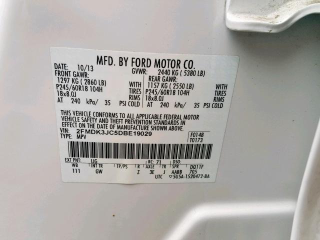 2FMDK3JC5DBE19029 - 2013 FORD EDGE SEL WHITE photo 10