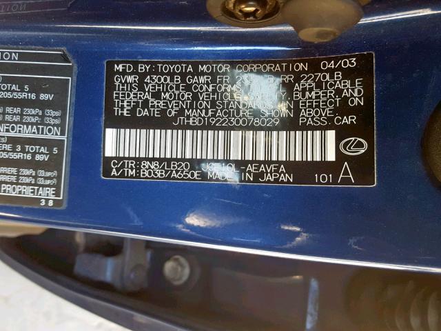 JTHBD192230078029 - 2003 LEXUS IS 300 BLUE photo 10