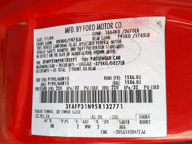 3FAFP31N95R132771 - 2005 FORD FOCUS ZX3 RED photo 10