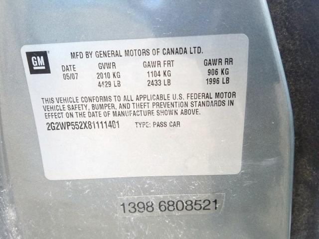 2G2WP552X81111401 - 2008 PONTIAC GRAND PRIX  լուսանկար 10