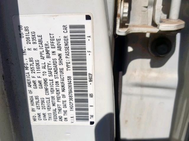 1HGCP36878A069458 - 2008 HONDA ACCORD EXL WHITE photo 10