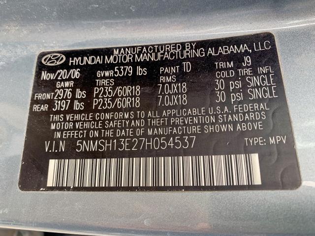 5NMSH13E27H054537 - 2007 HYUNDAI SANTA FE SE  photo 10