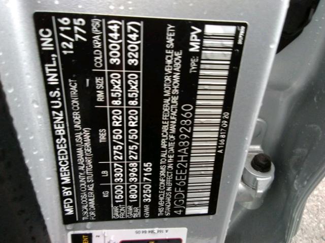 4JGDF6EE2HA892860 - 2017 MERCEDES-BENZ GLS 450 4M SILVER photo 10