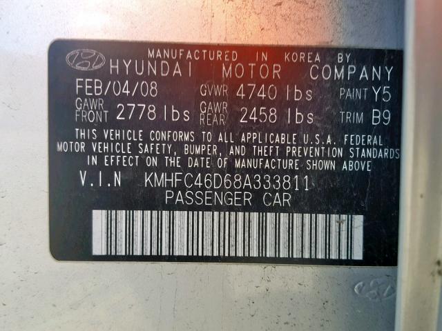 KMHFC46D68A333811 - 2008 HYUNDAI AZERA GLS SILVER photo 10