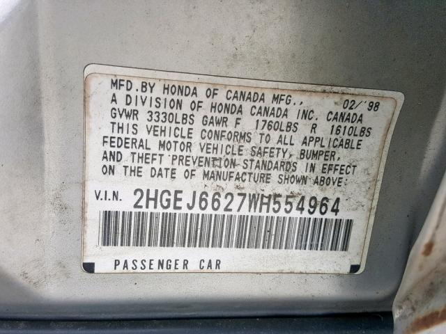 2HGEJ6627WH554964 - 1998 HONDA CIVIC DX GRAY photo 10