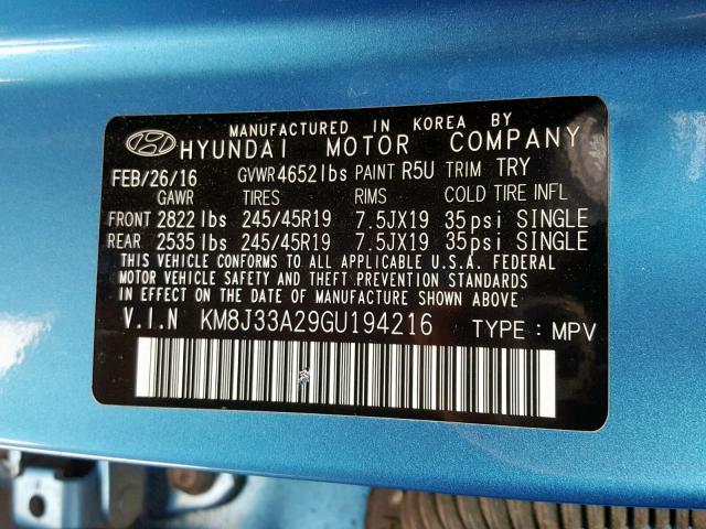 KM8J33A29GU194216 - 2016 HYUNDAI TUCSON LIM BLUE photo 10