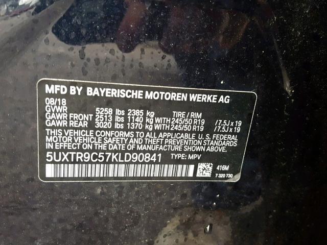 5UXTR9C57KLD90841 - 2019 BMW X3 XDRIVE3 BLACK photo 10