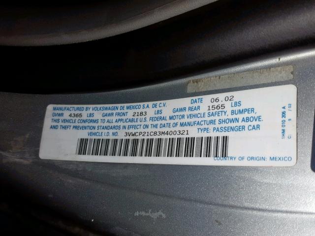 3VWCP21C83M400321 - 2003 VOLKSWAGEN NEW BEETLE ვერცხლისფერი ფოტო 10