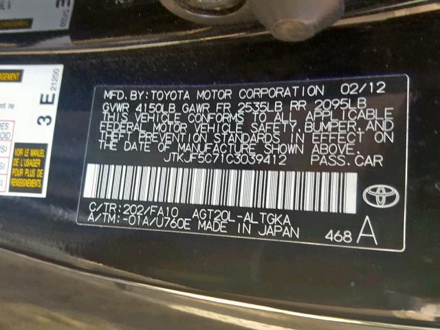 JTKJF5C71C3039412 - 2012 TOYOTA SCION TC შავი ფოტო 10