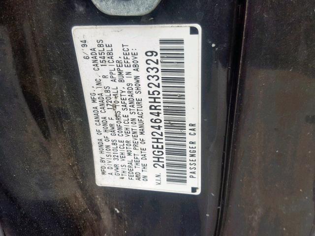 2HGEH2464RH523329 - 1994 HONDA CIVIC DX BLACK photo 10