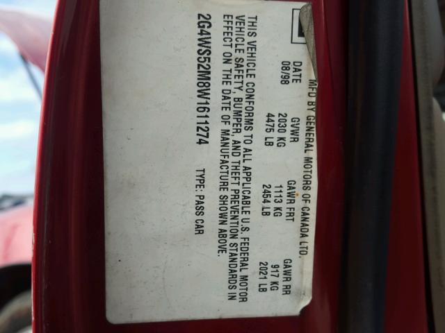 2G4WS52M8W1611274 - 1998 BUICK CENTURY CU RED photo 10