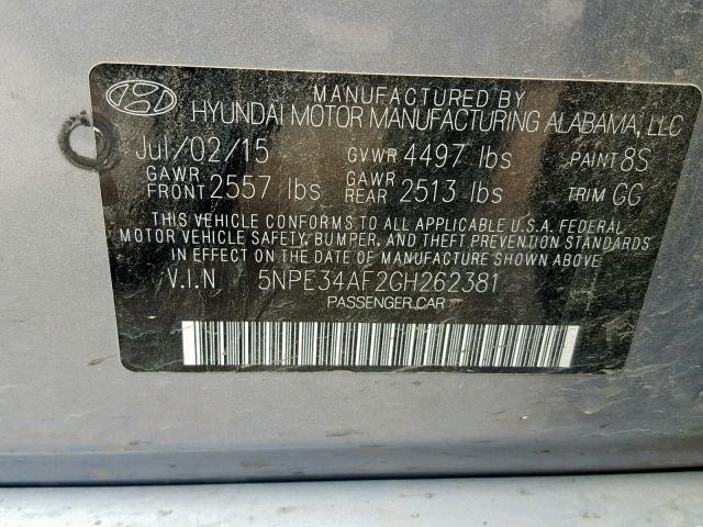 5NPE34AF2GH262381 - 2016 HYUNDAI SONATA SPO GRAY photo 10