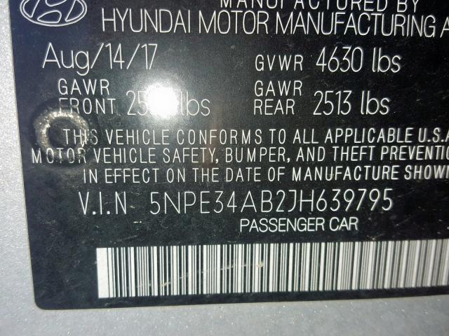 5NPE34AB2JH639795 - 2018 HYUNDAI SONATA SPO SILVER photo 10