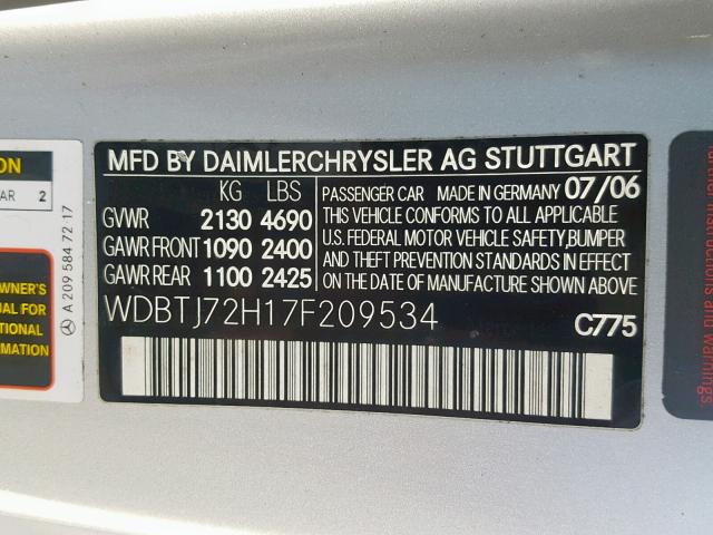 WDBTJ72H17F209534 - 2007 MERCEDES-BENZ CLK 550 SILVER photo 10