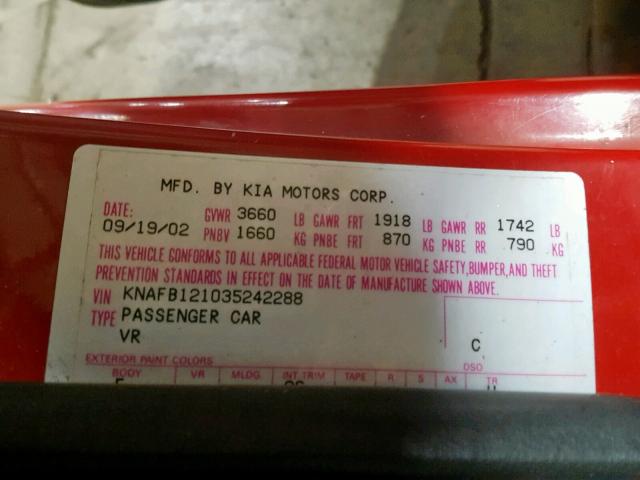 KNAFB121035242288 - 2003 KIA SPECTRA BA RED photo 10