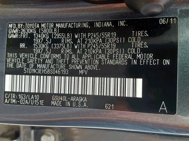 5TDYK3EH5BS046193 - 2011 TOYOTA HIGHLANDER SILVER photo 10