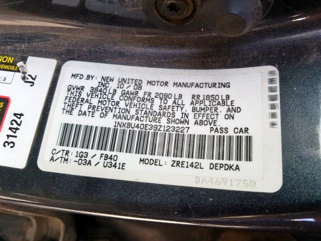 1NXBU40E39Z123227 - 2009 TOYOTA COROLLA BASE  photo 10