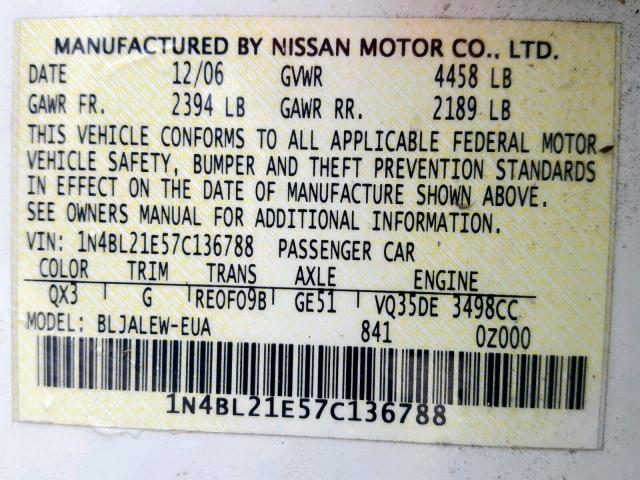 1N4BL21E57C136788 - 2007 NISSAN ALTIMA 3.5 WHITE photo 10