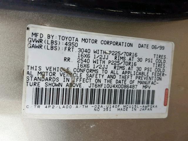 JT6HF10U4X0086487 - 1999 LEXUS RX 300 GOLD photo 10