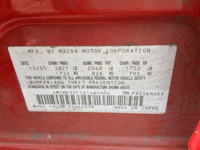 JM1BK32F361464604 - 2006 MAZDA 3 I RED photo 10