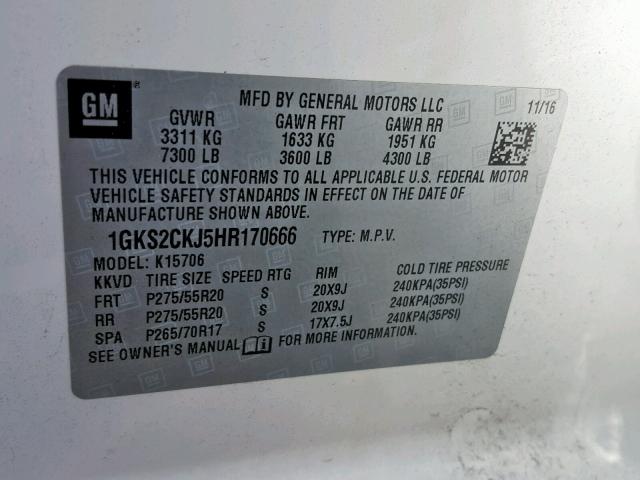 1GKS2CKJ5HR170666 - 2017 GMC YUKON DENA WHITE photo 10