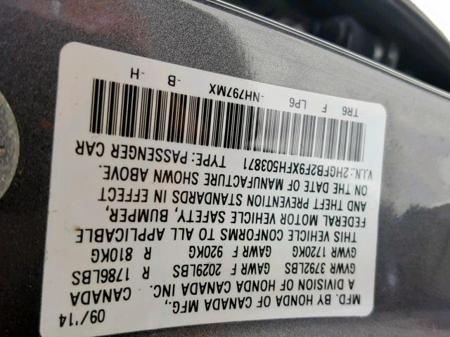 2HGFB2F9XFH503871 - 2015 HONDA CIVIC EXL GRAY photo 10