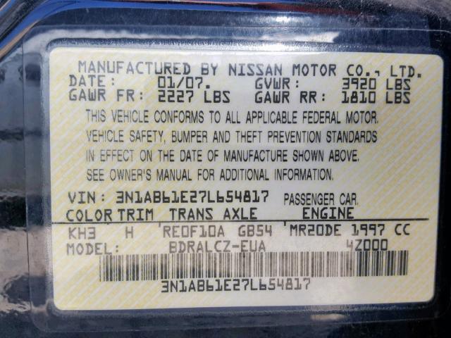 3N1AB61E27L654817 - 2007 NISSAN SENTRA 2.0 BLACK photo 10