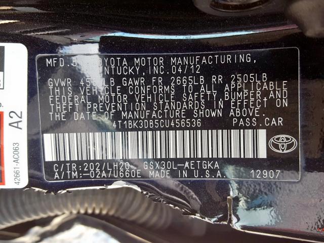 4T1BK3DB5CU456536 - 2012 TOYOTA AVALON BASE  photo 10