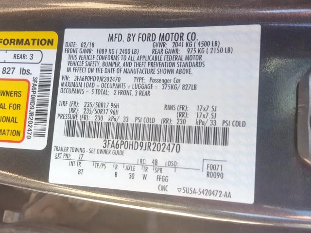 3FA6P0HD9JR202470 - 2018 FORD FUSION SE  photo 10