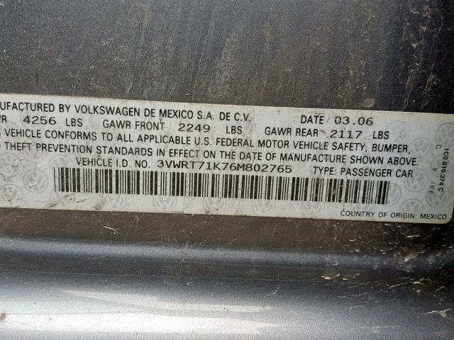 3VWRT71K76M802765 - 2006 VOLKSWAGEN JETTA TDI GRAY photo 10