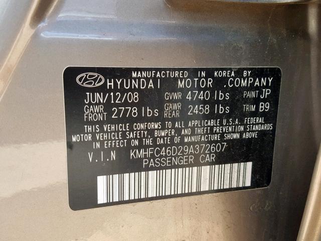 KMHFC46D29A372607 - 2009 HYUNDAI AZERA GLS GRAY photo 10