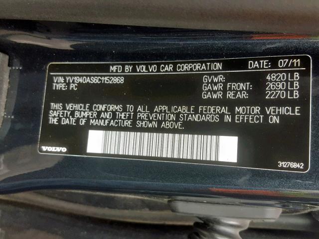 YV1940AS6C1152868 - 2012 VOLVO S80 3.2 BLUE photo 10