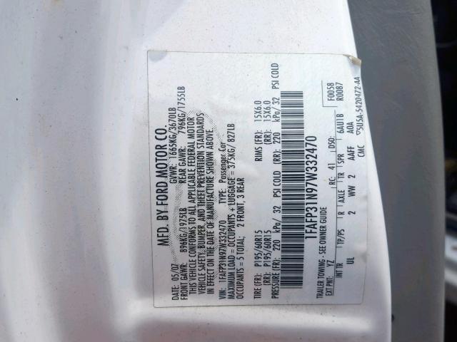 1FAFP31N97W332470 - 2007 FORD FOCUS ZX3 WHITE photo 10