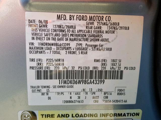 1FMDK06W98GA43399 - 2008 FORD TAURUS X L BLUE photo 10