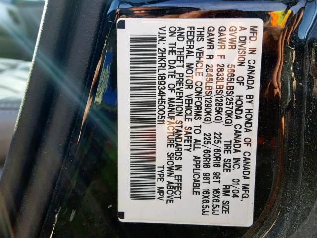 2HKRL18934H500511 - 2004 HONDA ODYSSEY EX BLACK photo 10