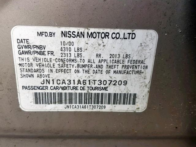 JN1CA31A61T307209 - 2001 NISSAN MAXIMA GXE GRAY photo 10