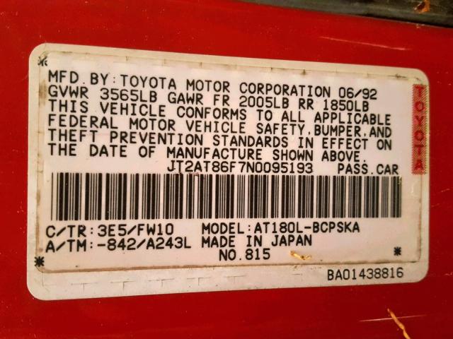 JT2AT86F7N0095193 - 1992 TOYOTA CELICA ST RED photo 10